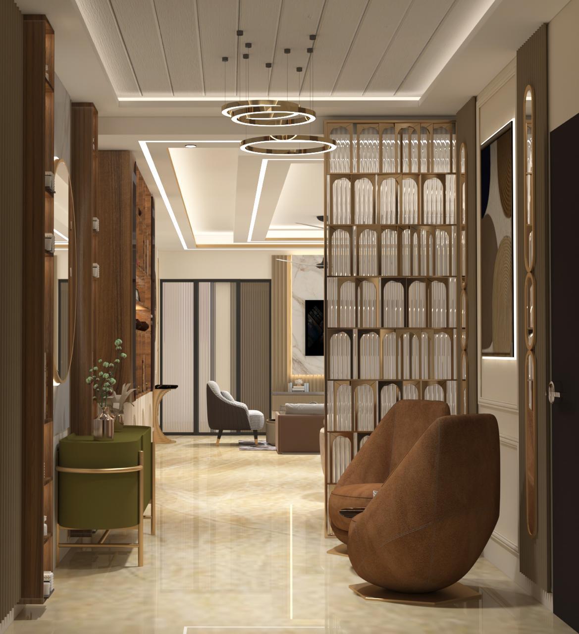 Entrance foyer with brass partition and marble flooring
